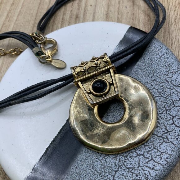 Chico's Vintage Style Gold Tone Disc Multi Leather Cord Necklace - Picture 1 of 7